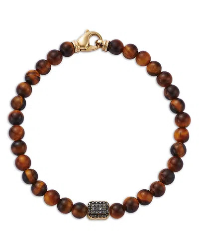 Bloomingdale's Fine Collection Men's Black Diamond Station Tiger's Eye Bead Bracelet In 14k Yellow Gold In Black/brown