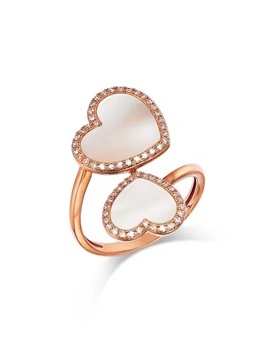 Bloomingdale's Fine Collection Mother Of Pearl & Diamond Double Heart Bypass Ring In 14k Rose Gold In Pink