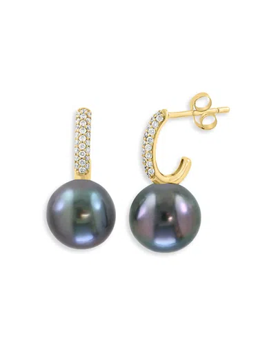 Bloomingdale's Fine Collection Pearl Spring Black Tahitian Pearl & Diamond Huggie Hoop Earrings In 14k Yellow Gold In Gray