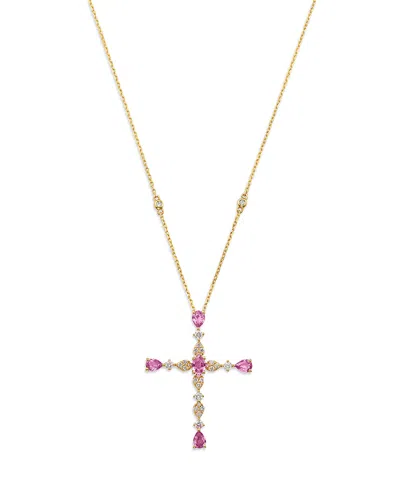Bloomingdale's Fine Collection Pink Sapphire & Diamond Cross Pendant Necklace In 14k Yellow Gold In Multi