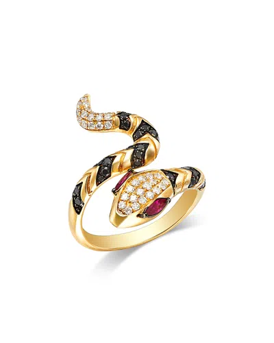 Bloomingdale's Fine Collection Ruby & Black & White Diamond Snake Bypass Ring In 14k Yellow Gold In Black/white