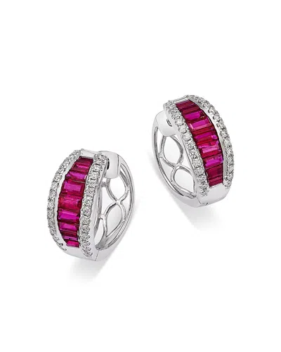 Bloomingdale's Fine Collection Ruby & Diamond Huggie Hoop Earrings In 14k White Gold In Pink