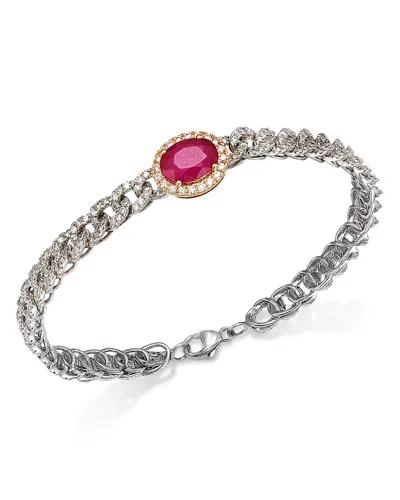 Bloomingdale's Fine Collection Ruby & Diamond Oval Halo Chain Link Bracelet In 14k Yellow & White Gold In Pink/white