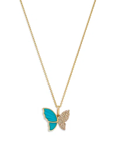 Bloomingdale's Fine Collection Turquoise & Diamond Butterfly Necklace In 14k Yellow Gold, 18 In Blue/gold