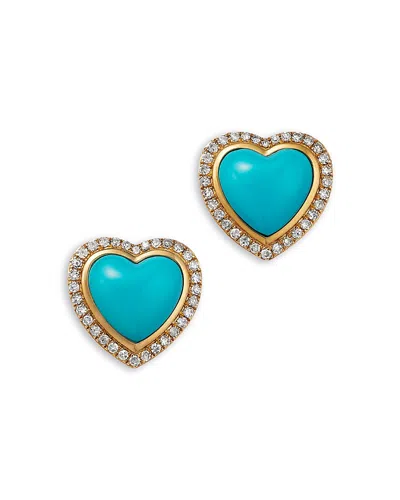 Bloomingdale's Fine Collection Turquoise & Diamond Heart Stud Earrings In 14k Yellow Gold In Blue/gold