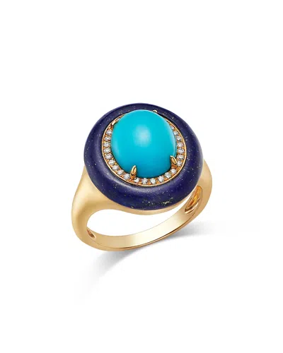 Bloomingdale's Fine Collection Turquoise, Lapis, & Diamond Oval Halo Ring In 14k Yellow Gold