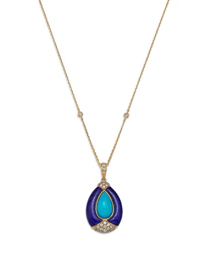 Bloomingdale's Fine Collection Turquoise, Lapis & Diamond Teardrop Pendant Necklace In 14k Yellow Gold, 18 In Blue/gold