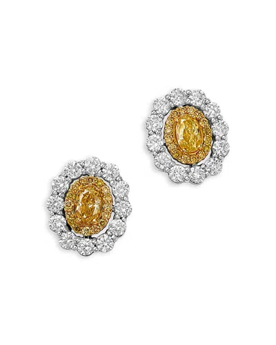 Bloomingdale's Fine Collection White & Yellow Diamond Halo Stud Earrings In 14k White & Yellow Gold, 1.66 Tcw In Silver