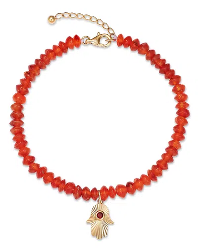 Bloomingdale's Garnet & Carnelian Bead Hamsa Hand Charm Bracelet In 14k Yellow Gold In Orange/gold
