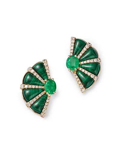 Bloomingdale's Malachite, Emerald, & Diamond Fan Stud Earrings In 14k Yellow Gold In Green/gold