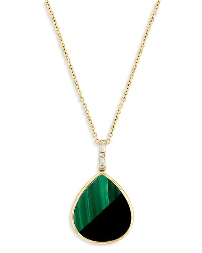 Bloomingdale's Malachite, Onyx & Diamond Tear Shape Pendant Necklace In 14k Gold, 18 In Green/gold