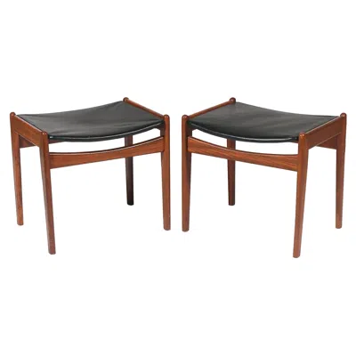 Pre-owned Bloomingdale's Mid-century Modern Footstools By , Teakwood & Vinyl In Brown