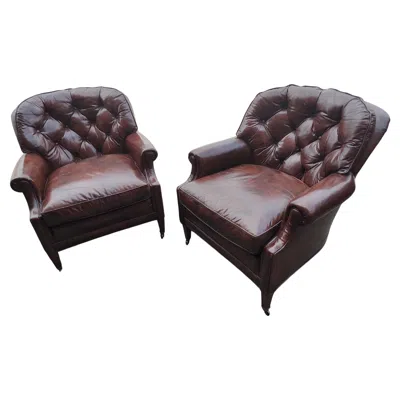 Pre-owned Bloomingdale's Pair Of Button Tufted Leather Club Chairs From Bloomingdales Brothers C 1965 In Black