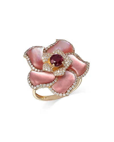 Bloomingdale's Ruby, Mother Of Pearl, & Diamond Flower Ring In 14k Yellow Gold - Exclusive In Pink/gold