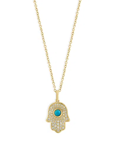 Bloomingdale's Turquoise & Diamond Hamsa Pendant Necklace In 14k Yellow Gold, 16-18 - Exclusive In Blue/gold