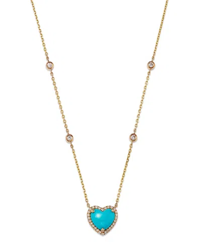 Bloomingdale's Turquoise & Diamond Heart Pendant Necklace In 14k Yellow Gold, 16-18 - Exclusive In Blue/gold