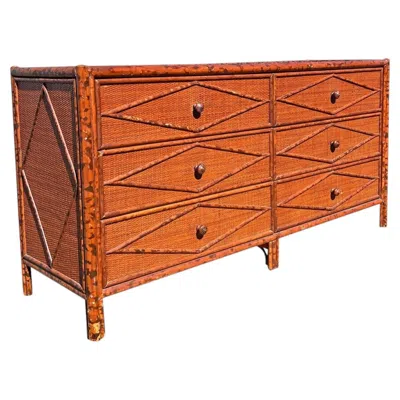 Pre-owned Bloomingdale's Vintage  Bamboo Rattan Dresser British Colonial Boho Chic Coastal In Orange