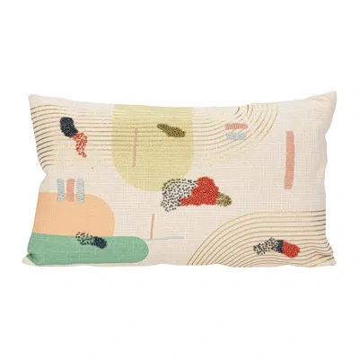 Bloomingville Cotton Slub Printed Lumbar Pillow With Hand-embroidery And Beads In Green;red;beige