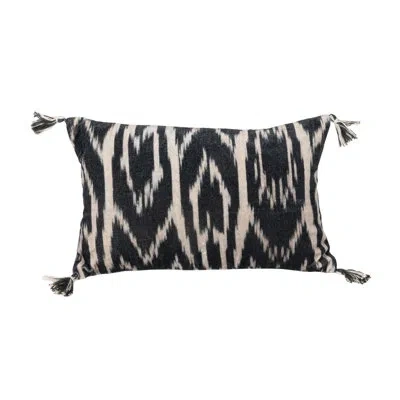 Bloomingville Cotton Velvet Ikat Printed Lumbar Pillow With Tassels And Chambray Back In Black,beige Ikat