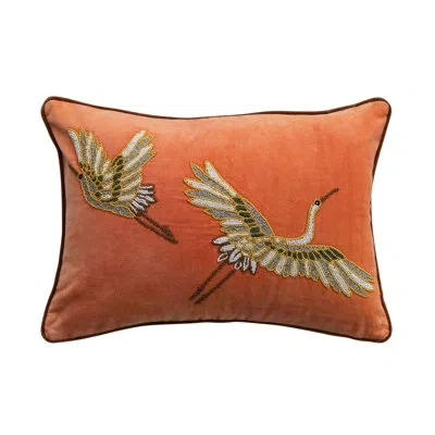 Bloomingville Cotton Velvet Lumbar Pillow With Embroidered Herons In Multicolor