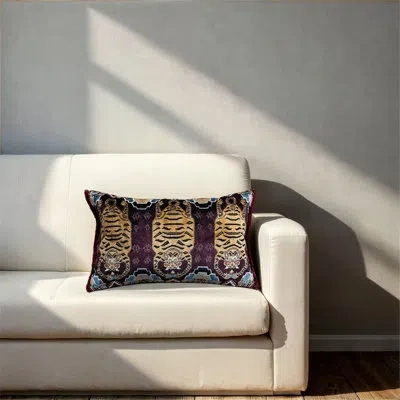 Bloomingville Cotton Velvet Printed Lumbar Pillow With Tibetan Tigers Pattern, Beads And Eyelash Fringe In Multicolor