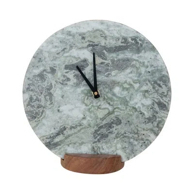 Bloomingville Marble Clock On Acacia Wood Base In Gray