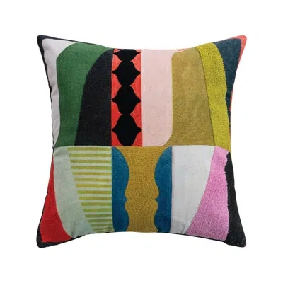 Bloomingville Square Cotton Velvet Printed Pillow With Abstract Design, Embroidery, Tufting And Striped Back In Green Striped