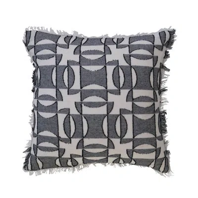 Bloomingville Square Woven Cotton Pillow With Geometric Pattern, Chambray Back And Fringe