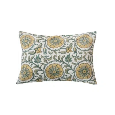 Bloomingville Verdant Charm Linen Lumbar Pillow In Ivory,green,white