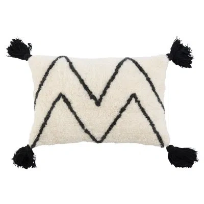 Bloomingville Wool Blend Tufted Lumbar Pillow With Chevron And Tassels In Black & Cream