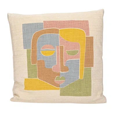 Bloomingville Woven Cotton Slub Printed Pillow With Abstract Face In Blue;brown;green