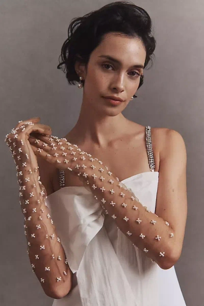 Blossom Veils Pearl Embellished Long Gloves In White