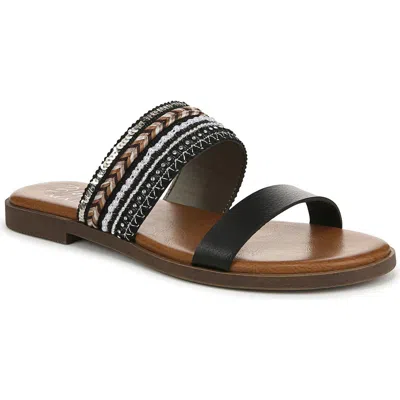 Blowfish Malibu Curtis Embellished Slide Sandal In Black Fabric,faux Leather