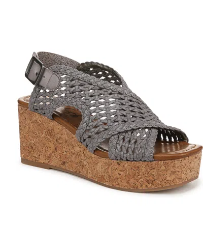 Blowfish Malibu Women's Andrea Square Peep Toe Slingback Wedge Sandals In Dark Silver Metallic Fabric
