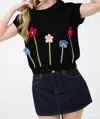 BLU PEPPER 3D CROCHET FLORAL SHORT SLEEVE SWEATER TOP IN BLACK