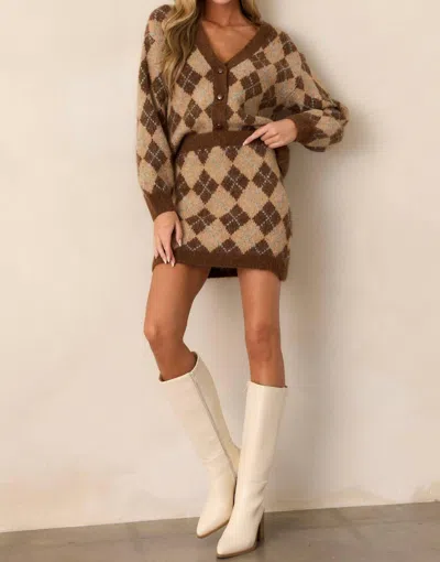Blu Pepper Argyle Knit Cardigan In Brown In Multi