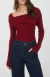 Blu Pepper Asymmetric Long Sleeve Ribbed Sweater In Red