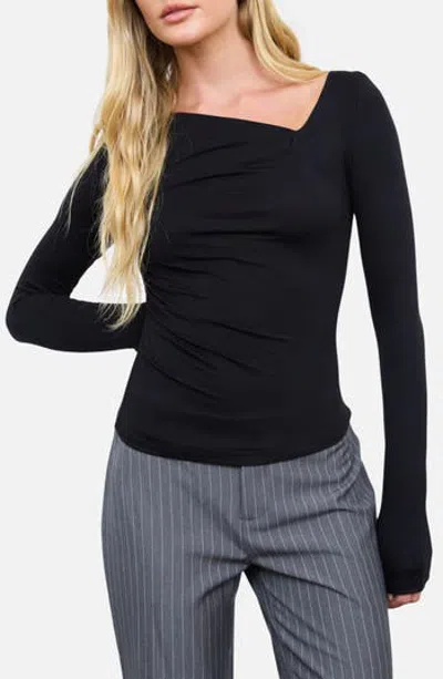 Blu Pepper Asymmetrical Neck Ruched Long Sleeve Knit Top In Black