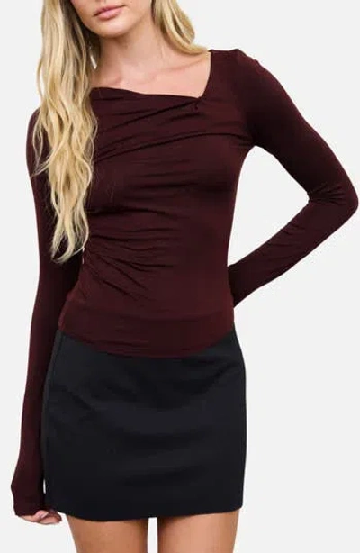 Blu Pepper Asymmetrical Neck Ruched Long Sleeve Knit Top In Burgundy