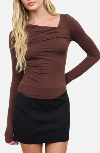 Blu Pepper Asymmetrical Neck Ruched Long Sleeve Knit Top In Brown