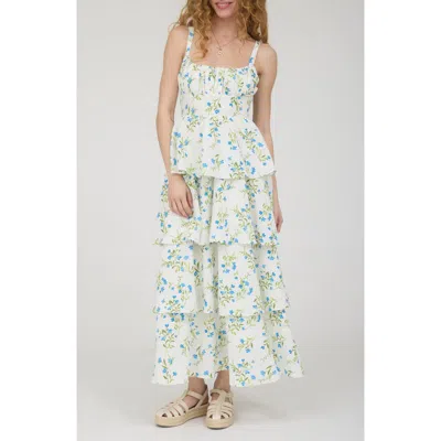 Blu Pepper Back Bow Sleeveless Tiered Maxi Dress In Multi