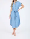 Blu Pepper Belted Button Down Midi Shirt Dress In Chambray In Blue