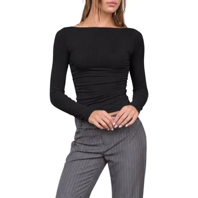 Blu Pepper Boat Neck Long Sleeve Rib Top In Black