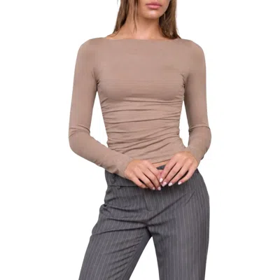 Blu Pepper Boat Neck Long Sleeve Rib Top In Deep Taupe