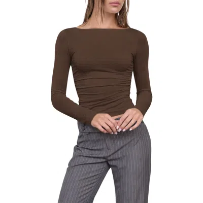 Blu Pepper Boat Neck Long Sleeve Rib Top In Mocha Brown