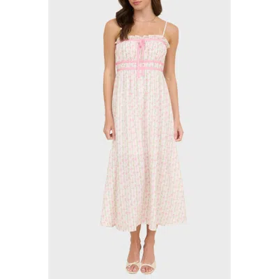 Blu Pepper Bow And Flower Stripe Midi Dress In Pink Multi