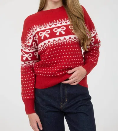 Blu Pepper Bow And Heart Jacquard Sweater In Red