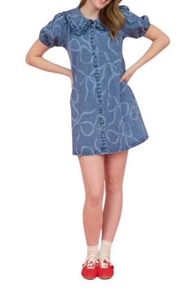 Blu Pepper Bow Denim Minidress In Blue