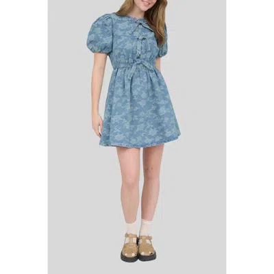 Blu Pepper Bow Detail Floral Jacquard Denim Minidress In Blue