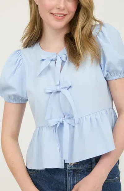 Blu Pepper Bow Embellished Peplum Top In Ice Blue